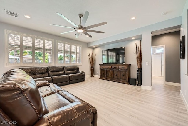 6103 Sundown Crest St, Las Vegas, NV 89113 - living room featuring a ceiling fan, light wood finished floors, and recessed lighting