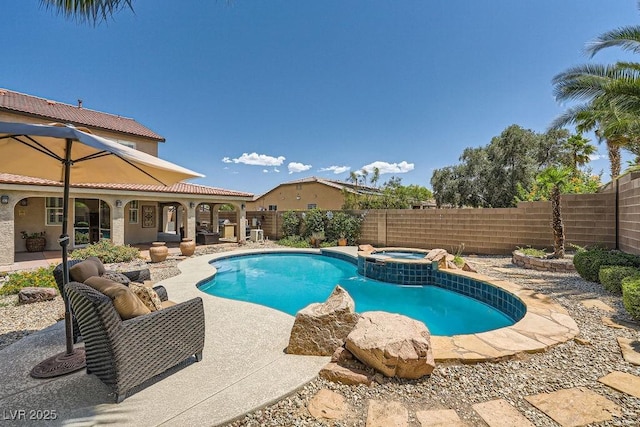 6103 Sundown Crest St, Las Vegas, NV 89113 - view of swimming pool with a fenced backyard, a patio, and a pool with connected hot tub