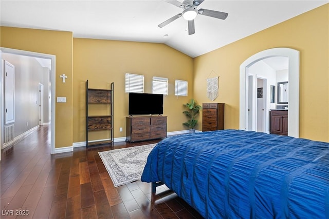 5967 Aimless St, Henderson, NV 89011 - bedroom with arched walkways, wood finished floors, vaulted ceiling, and ceiling fan