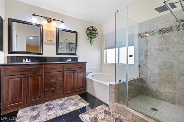 5967 Aimless St, Henderson, NV 89011 - full bathroom featuring a shower stall, a bath, double vanity, and tile patterned flooring