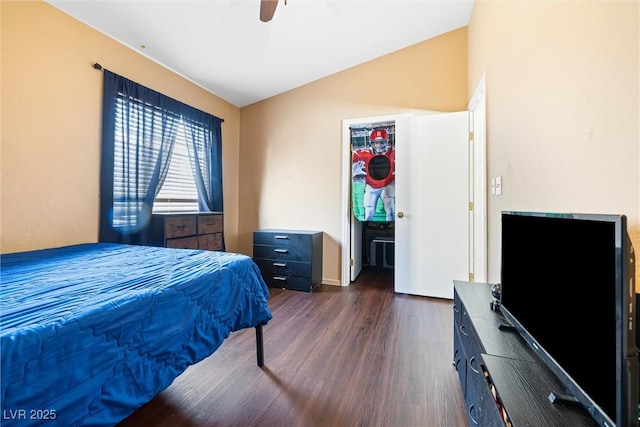 5967 Aimless St, Henderson, NV 89011 - bedroom featuring dark wood finished floors, ceiling fan, and vaulted ceiling