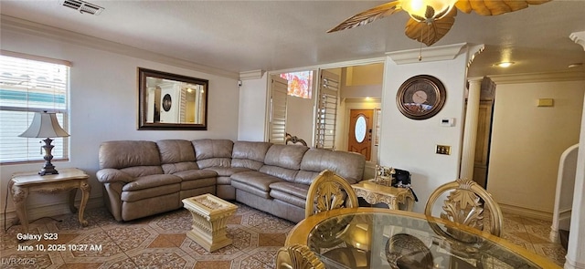 6275 Allspice Ct, Las Vegas, NV 89142 - living room with a ceiling fan and crown molding