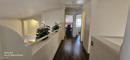 6275 Allspice Ct, Las Vegas, NV 89142 - corridor featuring dark wood-style flooring and ornamental molding