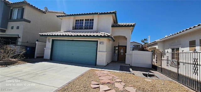 6275 Allspice Ct, Las Vegas, NV 89142 - mediterranean / spanish house featuring an attached garage, a tile roof, stucco siding, and driveway