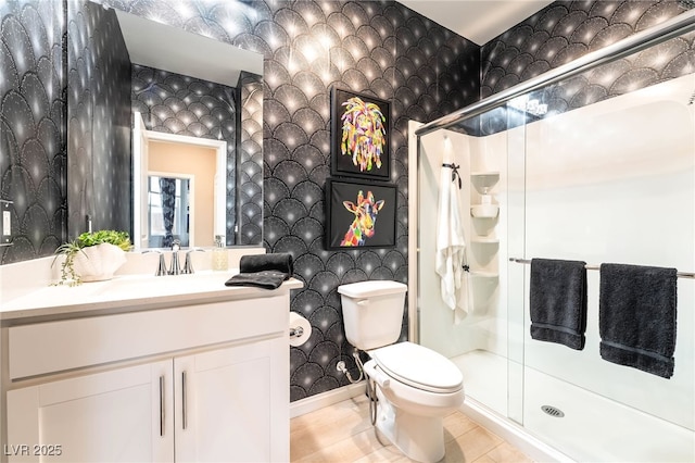 2845 Mincio St, Henderson, NV 89044 - full bath featuring a stall shower, vanity, wallpapered walls, and tile patterned flooring