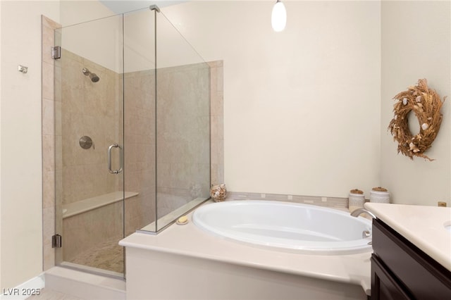 6810 Silver Crescent St, Las Vegas, NV 89148 - bathroom with a bath, a stall shower, and vanity