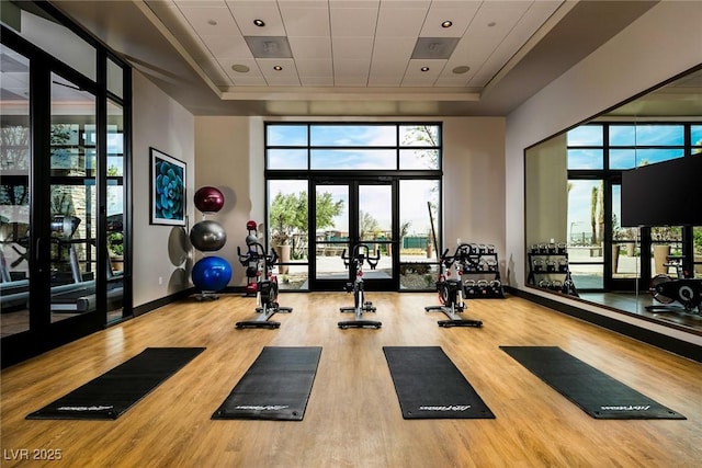 6810 Silver Crescent St, Las Vegas, NV 89148 - workout area with wood finished floors, a raised ceiling, and french doors