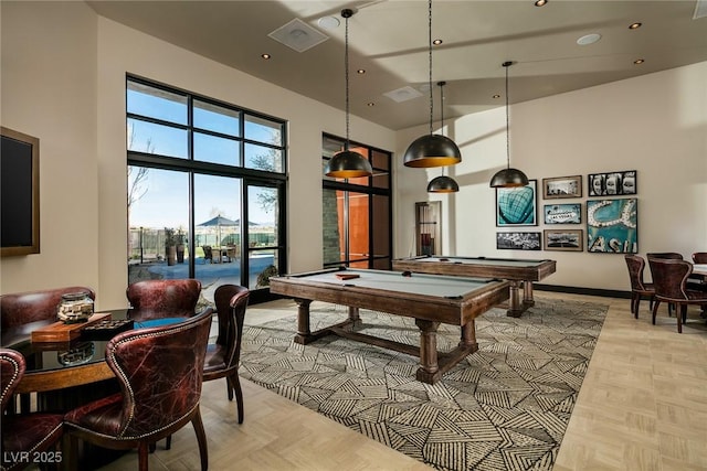 6810 Silver Crescent St, Las Vegas, NV 89148 - recreation room with billiards, recessed lighting, and a towering ceiling