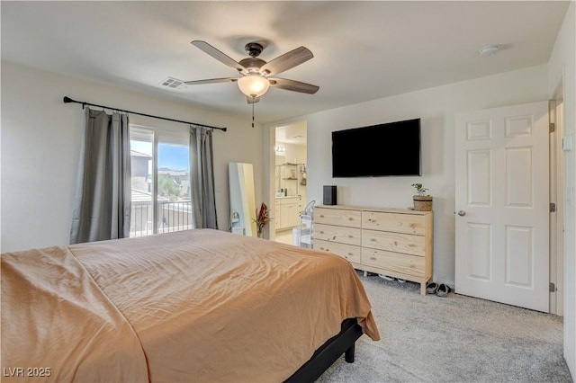 4240 Spring Storm Ave, North Las Vegas, NV 89081 - bedroom featuring light colored carpet, ensuite bathroom, access to outside, and ceiling fan