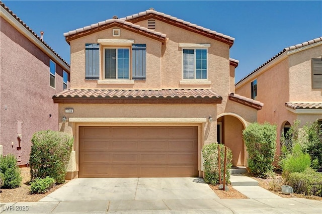 7704 Lots Hills Dr, Las Vegas, NV 89179 - view of front facade with a tile roof, driveway, an attached garage, and stucco siding