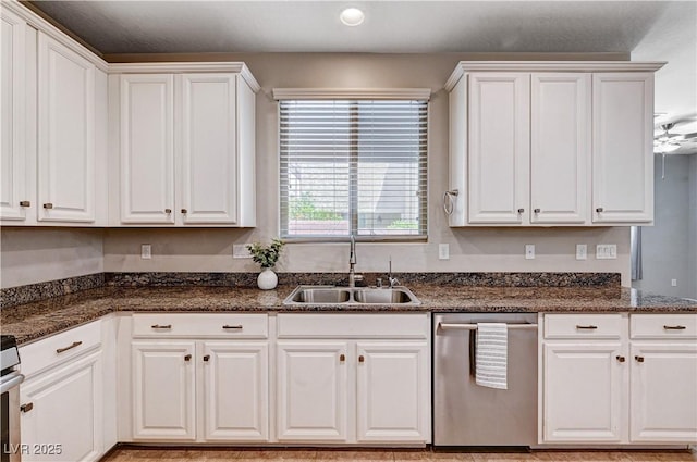 7704 Lots Hills Dr, Las Vegas, NV 89179 - kitchen with dishwasher, white cabinetry, recessed lighting, and dark stone counters