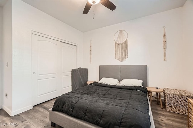 6233 Canterbury Field Rd, Las Vegas, NV 89113 - bedroom with a closet, wood finished floors, and a ceiling fan