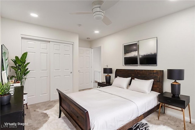 9006 Cedar Door Ave, Las Vegas, NV 89148 - bedroom featuring light colored carpet, a closet, recessed lighting, and a ceiling fan