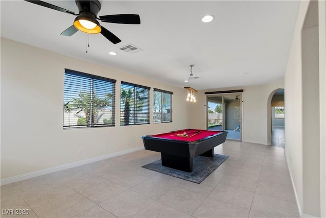 9240 Northfield Park Ct, Las Vegas, NV 89148 - game room featuring arched walkways, plenty of natural light, light tile patterned floors, pool table, and recessed lighting