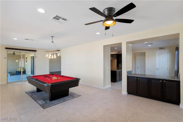 9240 Northfield Park Ct, Las Vegas, NV 89148 - game room with a ceiling fan, billiards table, recessed lighting, and light tile patterned flooring