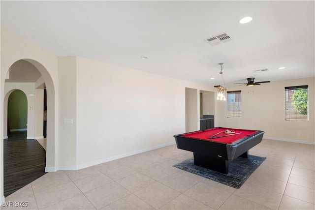 9240 Northfield Park Ct, Las Vegas, NV 89148 - game room with light tile patterned floors, recessed lighting, billiards, a ceiling fan, and arched walkways