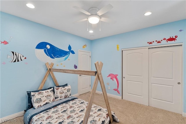9240 Northfield Park Ct, Las Vegas, NV 89148 - bedroom featuring light colored carpet, recessed lighting, a ceiling fan, and a closet