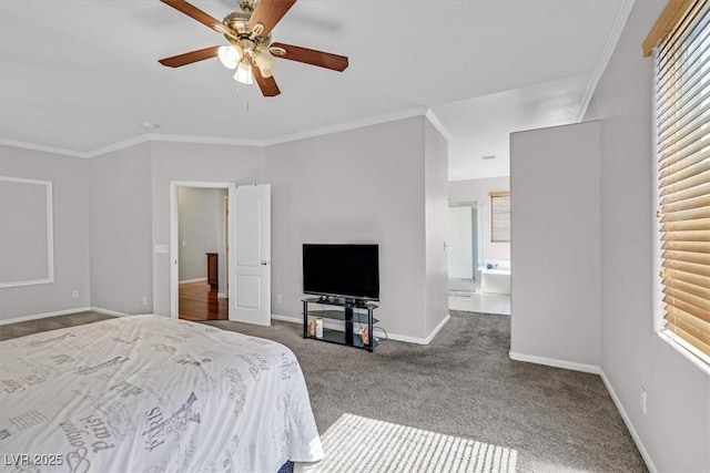 10601 Lessona St, Las Vegas, NV 89141 - carpeted bedroom with multiple windows, crown molding, ceiling fan, and connected bathroom