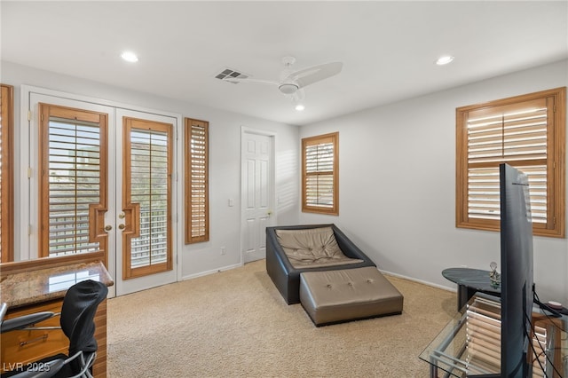 11680 Evergreen Creek Ln, Las Vegas, NV 89135 - sitting room featuring ceiling fan, recessed lighting, french doors, an office area, and carpet flooring