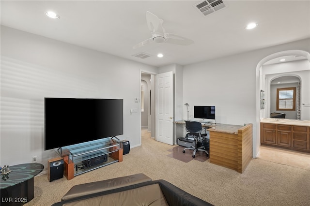 11680 Evergreen Creek Ln, Las Vegas, NV 89135 - office featuring light colored carpet, recessed lighting, ceiling fan, and arched walkways