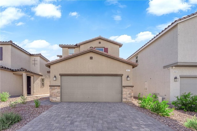 5677 Asyma Ct, Las Vegas, NV 89113 - mediterranean / spanish-style home featuring stone siding, stucco siding, a tile roof, and decorative driveway
