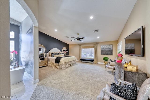 7311 Chaparral Cove Ln, Las Vegas, NV 89131 - bedroom featuring lofted ceiling, light colored carpet, recessed lighting, and a ceiling fan