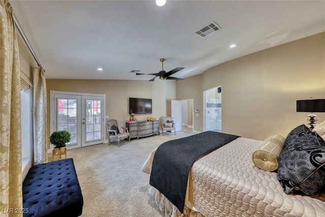 7311 Chaparral Cove Ln, Las Vegas, NV 89131 - bedroom with carpet, french doors, recessed lighting, access to outside, and a ceiling fan