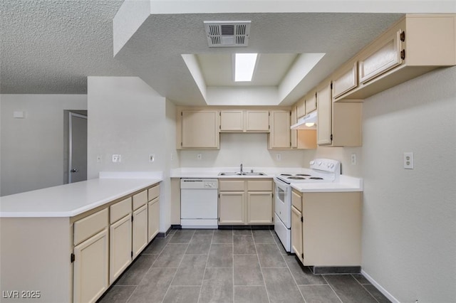 1013 Falconhead Ln Unit 202, Las Vegas, NV 89128 - kitchen featuring white appliances, a peninsula, under cabinet range hood, a tray ceiling, and light countertops