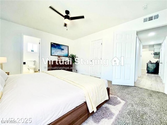 4324 El Conlon Ave, Las Vegas, NV 89102 - bedroom with ensuite bathroom, a ceiling fan, and light carpet