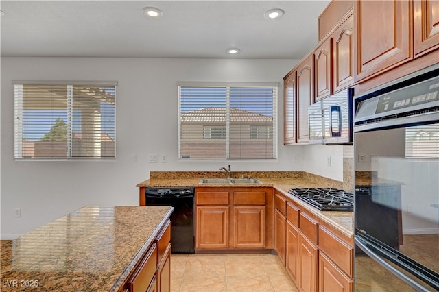 2261 Dalton Ridge Ct, North Las Vegas, NV 89031 - kitchen featuring black dishwasher, white microwave, gas cooktop, light tile patterned floors, and recessed lighting
