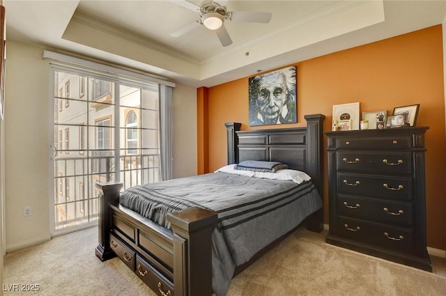 2405 W Serene Ave Unit 612, Las Vegas, NV 89123 - bedroom featuring a raised ceiling, crown molding, light colored carpet, and ceiling fan