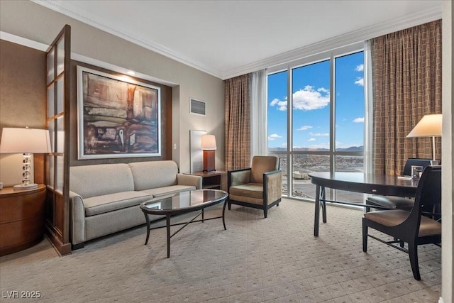135 E Harmon Ave Unit 3816, Las Vegas, NV 89109 - living area featuring a wall of windows, ornamental molding, and light colored carpet