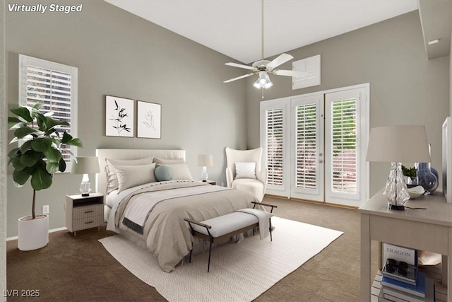 8612 Chiquita Dr, Las Vegas, NV 89128 - bedroom with carpet, access to exterior, lofted ceiling, and ceiling fan