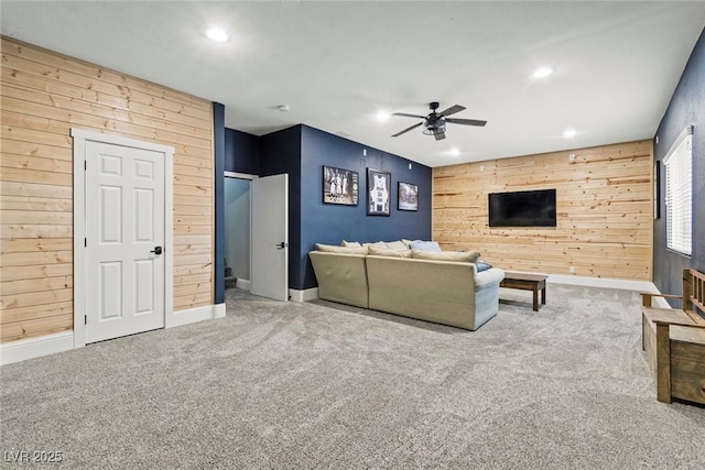 8820 Fall Green Ave, Las Vegas, NV 89129 - carpeted living area with wooden walls, a ceiling fan, and recessed lighting