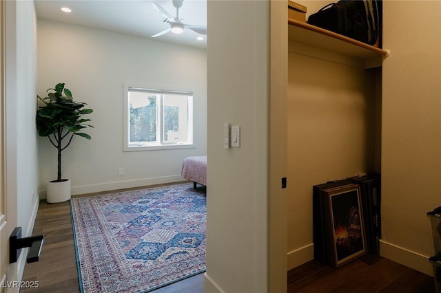 7745 Radcliff St, Las Vegas, NV 89123 - bedroom with dark wood-style floors, recessed lighting, and a ceiling fan