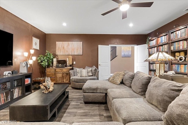 8013 Green River Knob St, Las Vegas, NV 89113 - living room with ceiling fan, wood finished floors, and recessed lighting