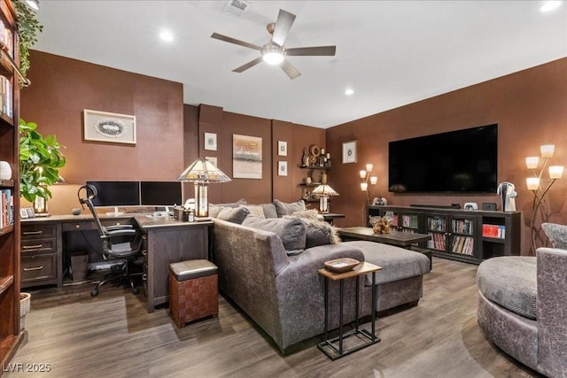 8013 Green River Knob St, Las Vegas, NV 89113 - living room featuring an office area, ceiling fan, wood finished floors, and recessed lighting