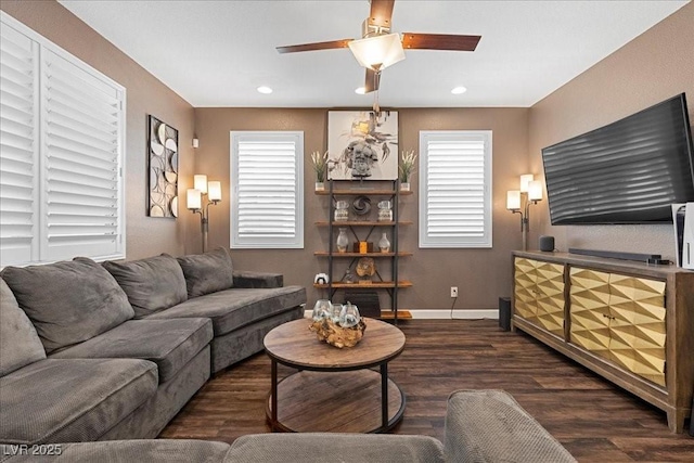 8013 Green River Knob St, Las Vegas, NV 89113 - living area with wood finished floors, plenty of natural light, ceiling fan, and recessed lighting