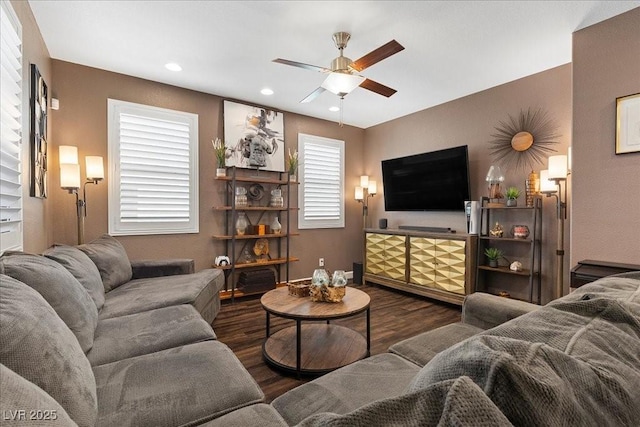 8013 Green River Knob St, Las Vegas, NV 89113 - living area with ceiling fan, wood finished floors, and recessed lighting