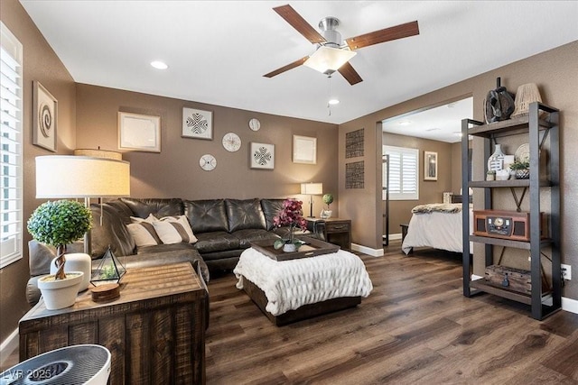 8013 Green River Knob St, Las Vegas, NV 89113 - living room featuring ceiling fan, dark wood-type flooring, and recessed lighting