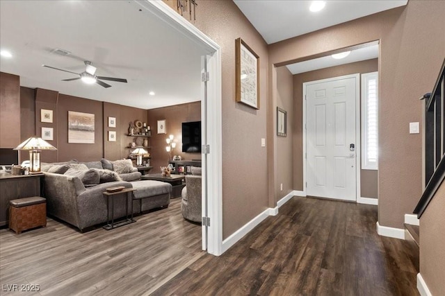 8013 Green River Knob St, Las Vegas, NV 89113 - foyer entrance with wood finished floors, ceiling fan, and recessed lighting