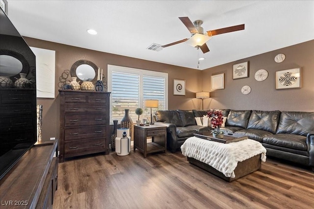 8013 Green River Knob St, Las Vegas, NV 89113 - living room featuring a ceiling fan, dark wood-type flooring, and recessed lighting