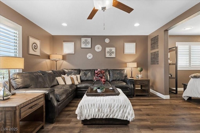8013 Green River Knob St, Las Vegas, NV 89113 - living area featuring a ceiling fan, dark wood-style flooring, and recessed lighting
