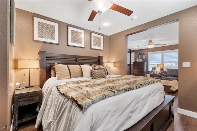 8013 Green River Knob St, Las Vegas, NV 89113 - bedroom with dark wood-style floors, recessed lighting, and a ceiling fan