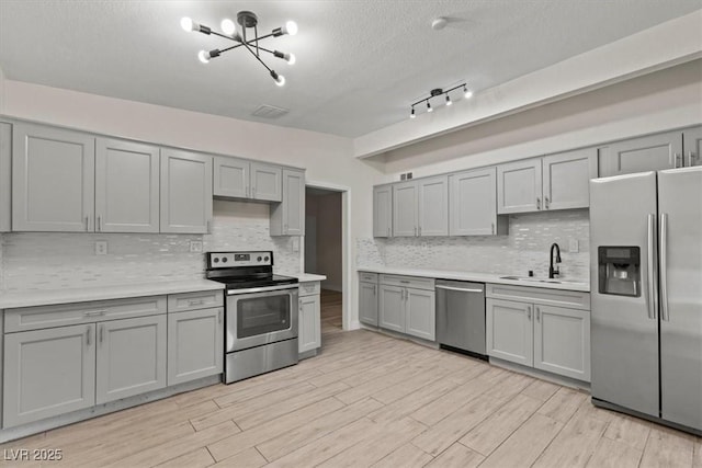1628 Izabella Ave, Las Vegas, NV 89169 - kitchen with appliances with stainless steel finishes, gray cabinetry, tasteful backsplash, a chandelier, and light countertops