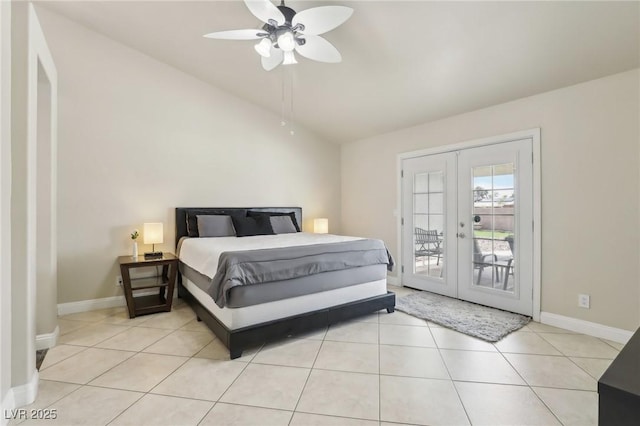 4753 Carefree Dr, Las Vegas, NV 89122 - bedroom featuring lofted ceiling, french doors, access to outside, light tile patterned floors, and a ceiling fan