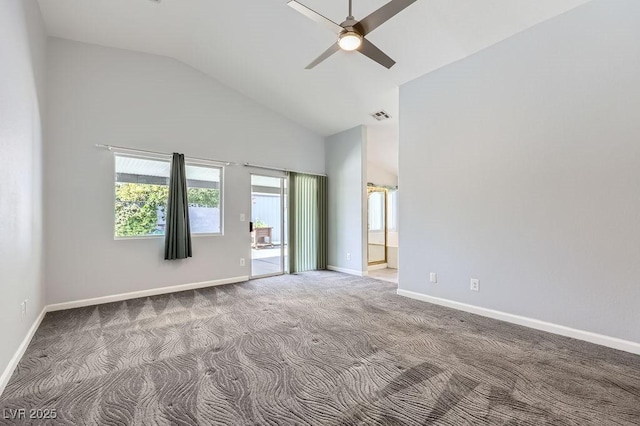 8309 Windrush Ave, Las Vegas, NV 89117 - spare room featuring carpet floors, a ceiling fan, and high vaulted ceiling