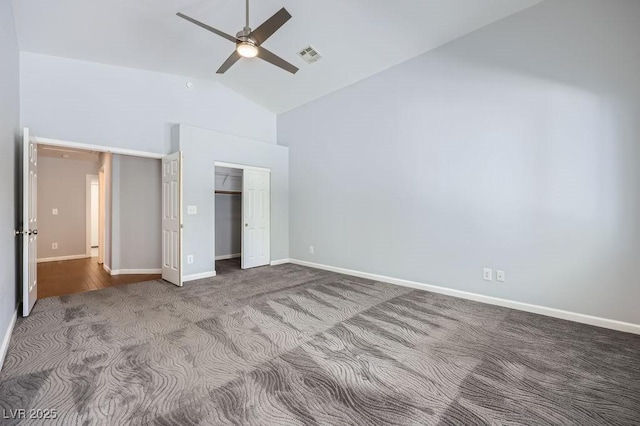 8309 Windrush Ave, Las Vegas, NV 89117 - unfurnished bedroom with carpet, high vaulted ceiling, a closet, and ceiling fan