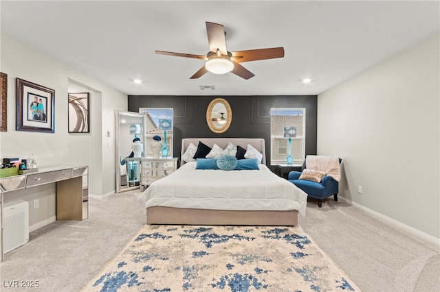 7502 Lush Oasis Ave, Las Vegas, NV 89113 - bedroom with light colored carpet, a ceiling fan, and recessed lighting