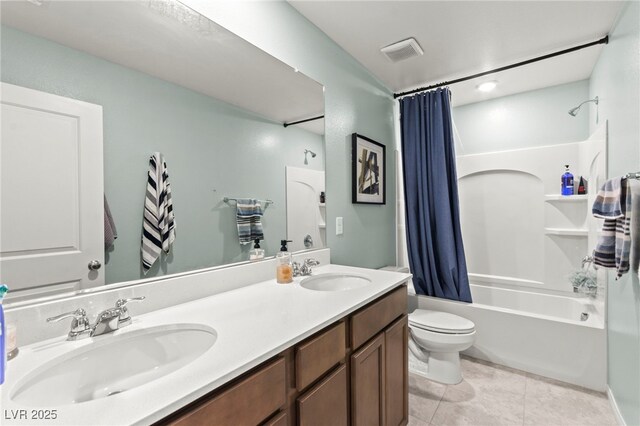 7502 Lush Oasis Ave, Las Vegas, NV 89113 - full bathroom with double vanity, shower / tub combo with curtain, and tile patterned floors